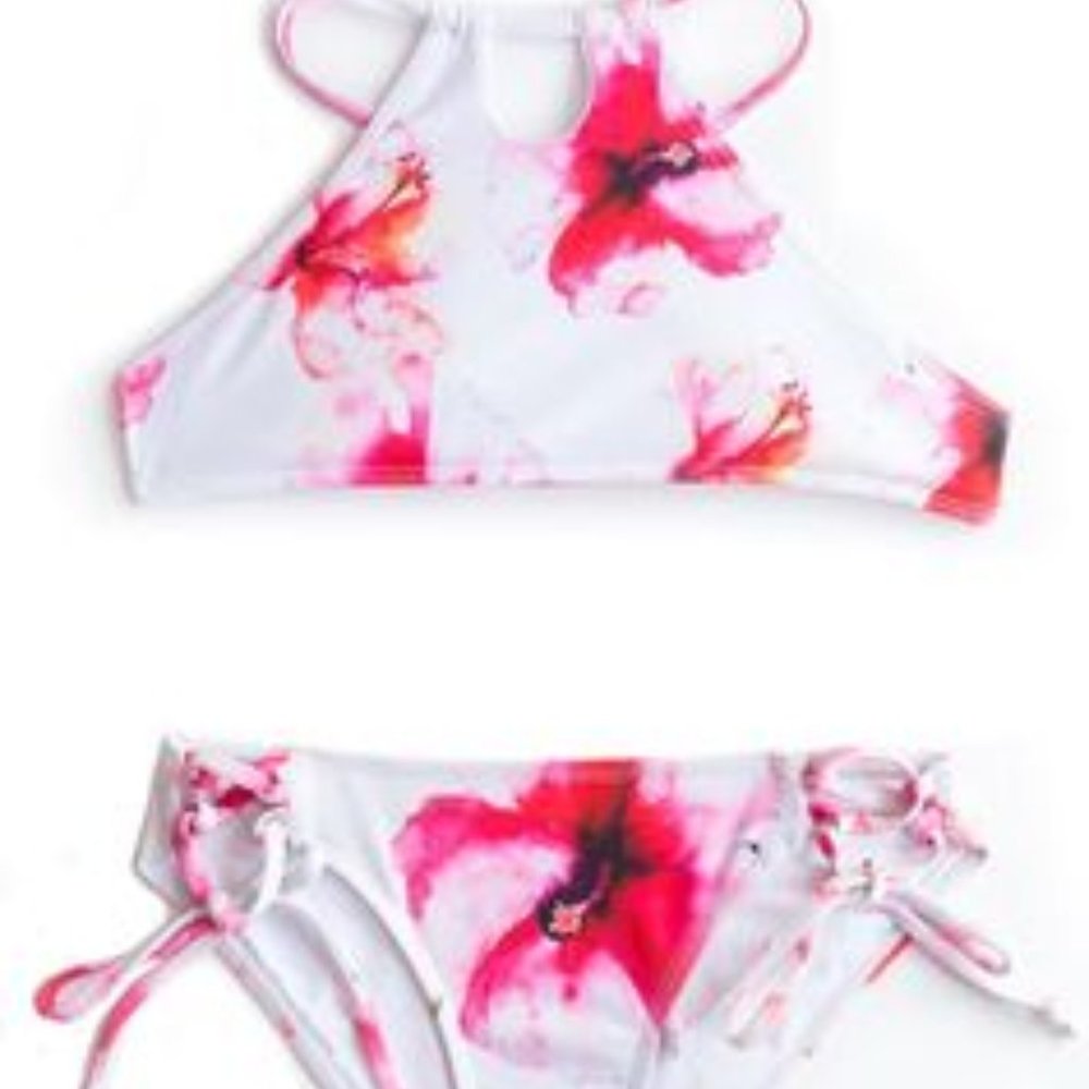 Chance Loves Pink Floral  Bikini Swim Bathing Suit Tropical Size M/L NWT